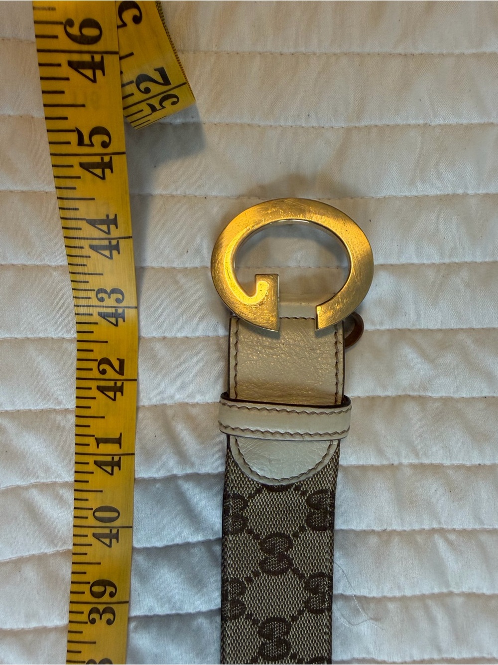 Gucci Brown GG Canvas Belt with Cream Leather and Gold G Buckle